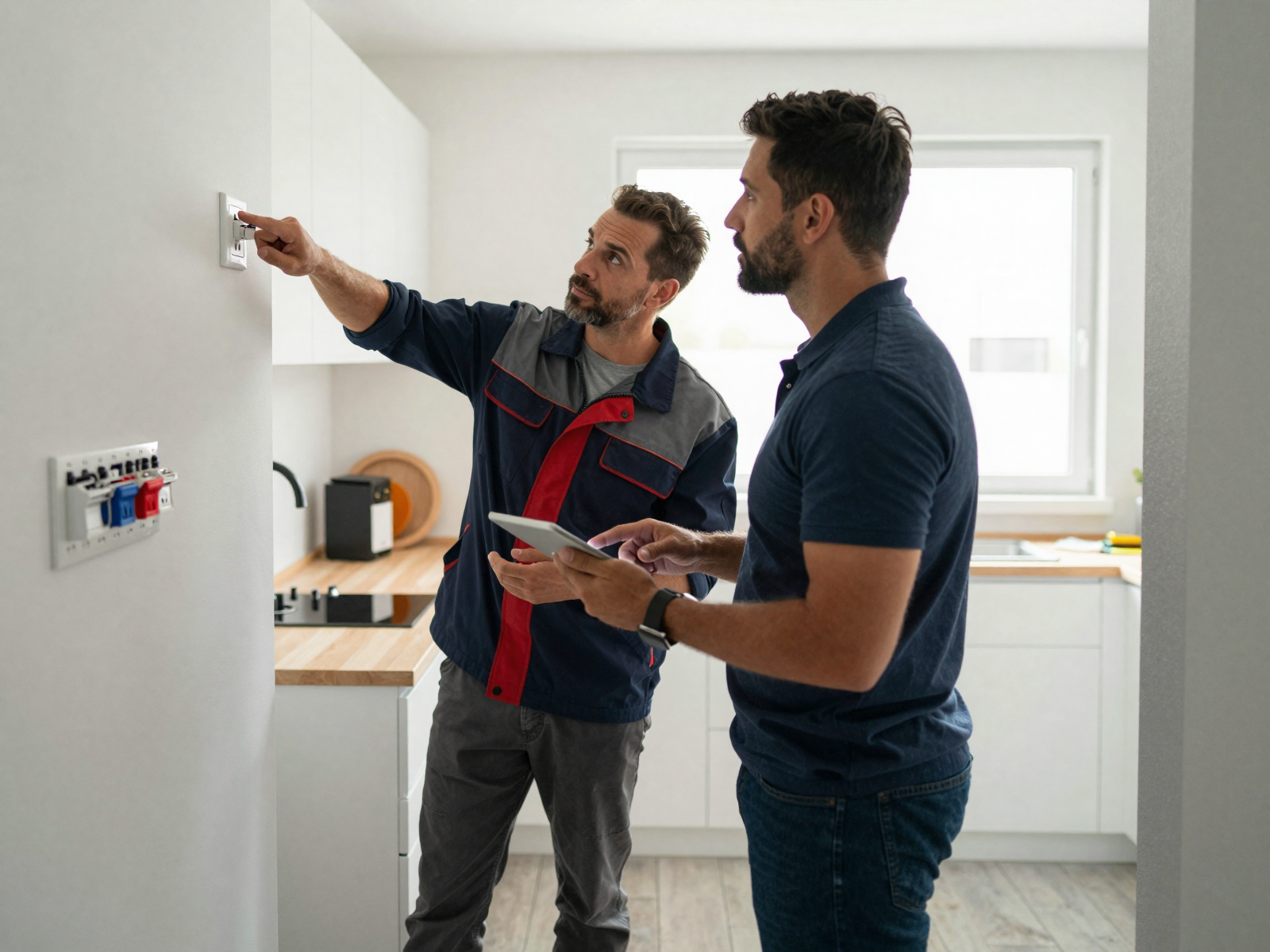 Electrician consulting with homeowner on electrical upgrades